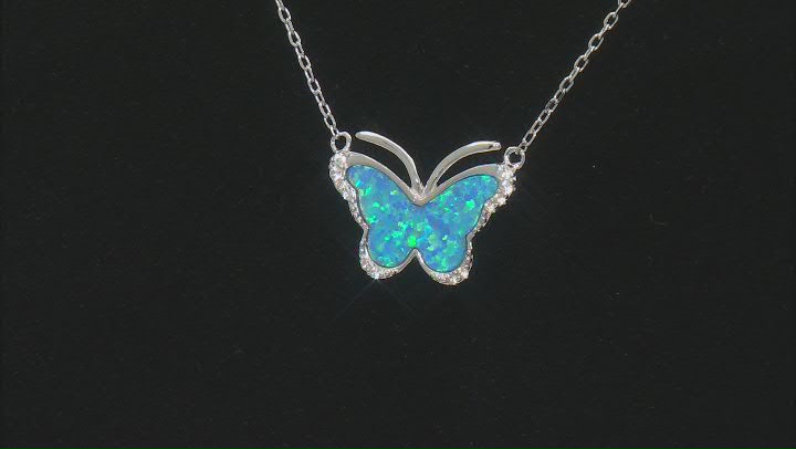 Blue Lab Created Opal Rhodium Over Sterling Silver Butterfly Necklace 0.12ctw Video Thumbnail