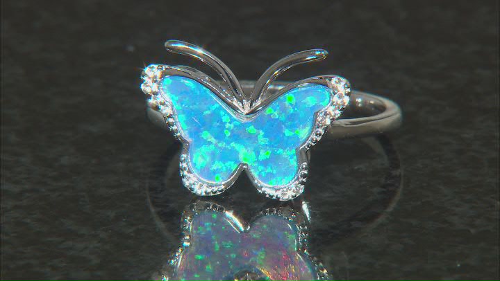 Blue Lab Created Opal Rhodium Over Sterling Silver Butterfly Ring 0.12ctw Video Thumbnail