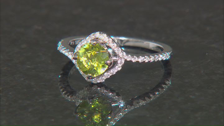Green Peridot with White Zircon Rhodium Over Sterling Silver Ring 1.13ctw Video Thumbnail