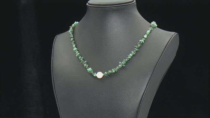 Green Emerald With 10mm Cultured Freshwater Pearl Rhodium Over Sterling Silver Necklace Video Thumbnail