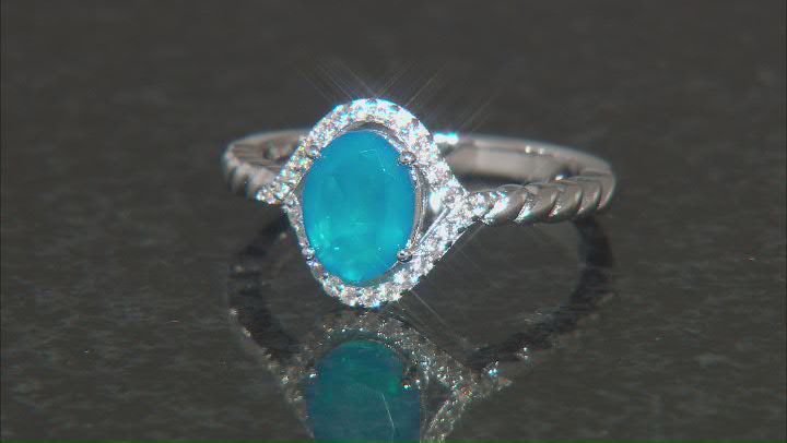 Blue Ethiopian Opal With White Zircon Rhodium Over Sterling Silver Ring 0.90ctw Video Thumbnail
