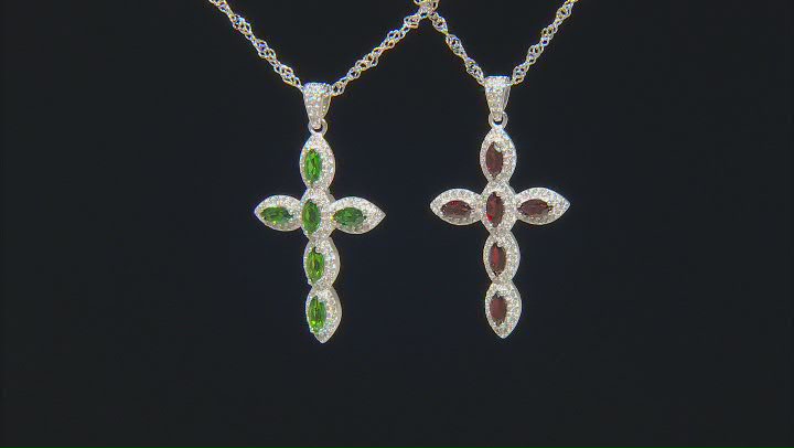 Green Chrome Diopside Rhodium Over Sterling Silver Cross Pendant with Chain 1.50ctw Video Thumbnail
