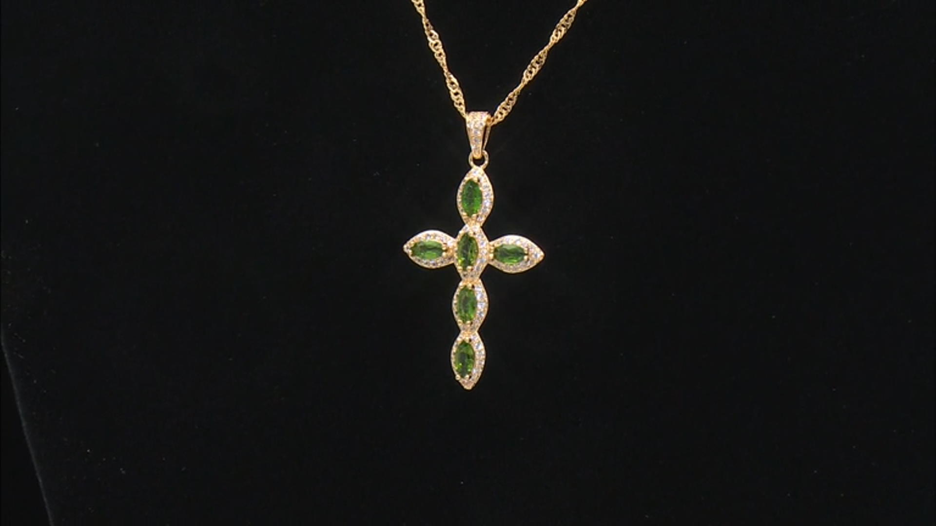 Green Chrome Diopside 18k Yellow Gold Over Sterling Silver Cross Pendant with Chain 1.50ctw Video Thumbnail