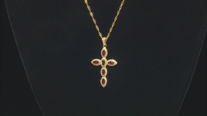 Red Garnet 18k Yellow Gold Over Sterling Silver Cross Pendant with Chain 1.61ctw Video Thumbnail