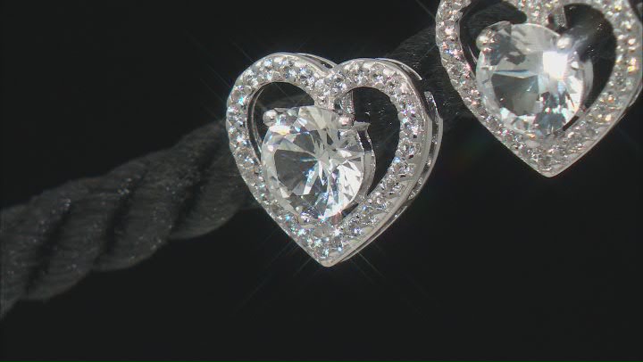 White Lab Created Sapphire Rhodium Over Sterling Silver Heart Earrings 2.08ctw Video Thumbnail
