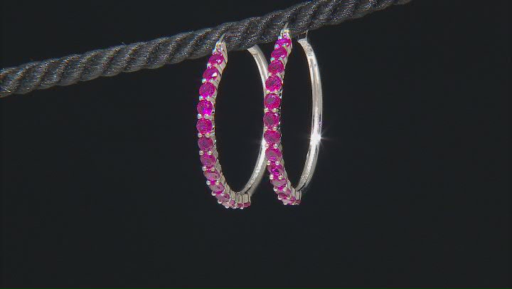 Red Lab Created Ruby Rhodium Over Sterling Silver Hoop Earrings 3.20ctw Video Thumbnail