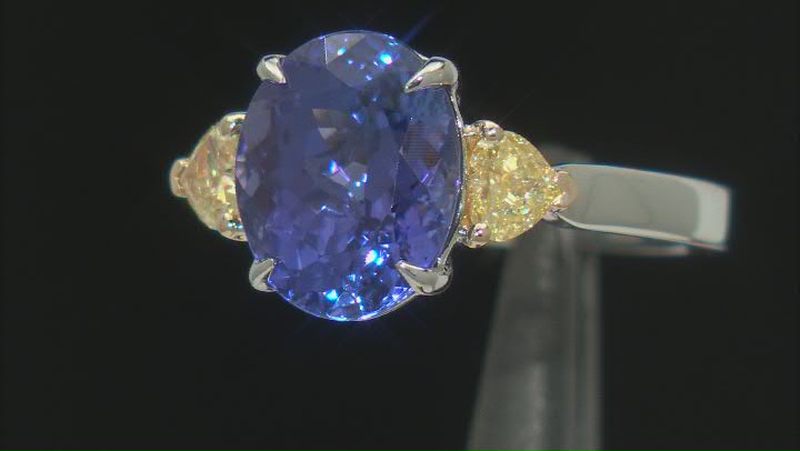 Blue Tanzanite with Yellow Diamond Rhodium Over 14K White Gold Ring 4.81ctw Video Thumbnail