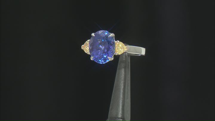 Blue Tanzanite with Yellow Diamond Rhodium Over 14K White Gold Ring 4.81ctw Video Thumbnail