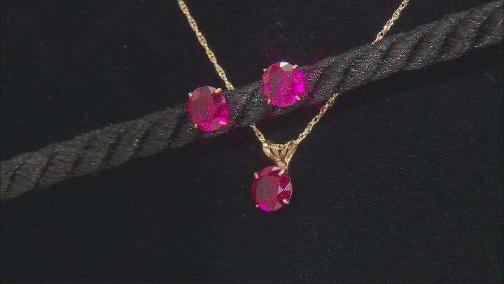 Red Lab Created Ruby 10k Yellow Gold Earrings and Pendant with Chain Set 2.70ctw Video Thumbnail