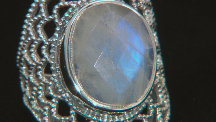 Rainbow Moonstone Sterling Silver Solitaire Ring 16x12mm Video Thumbnail