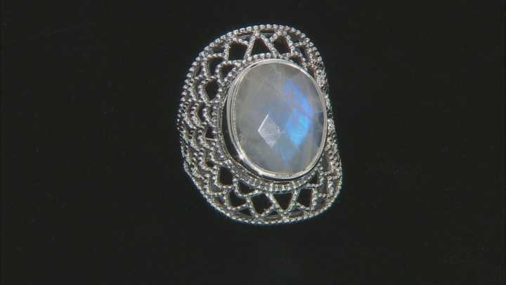 Rainbow Moonstone Sterling Silver Solitaire Ring 16x12mm Video Thumbnail