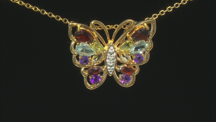 Multi Gemstone 18k Yellow Gold Over Sterling Silver Butterfly Pendant With 18" Chain 1.67ctw Video Thumbnail
