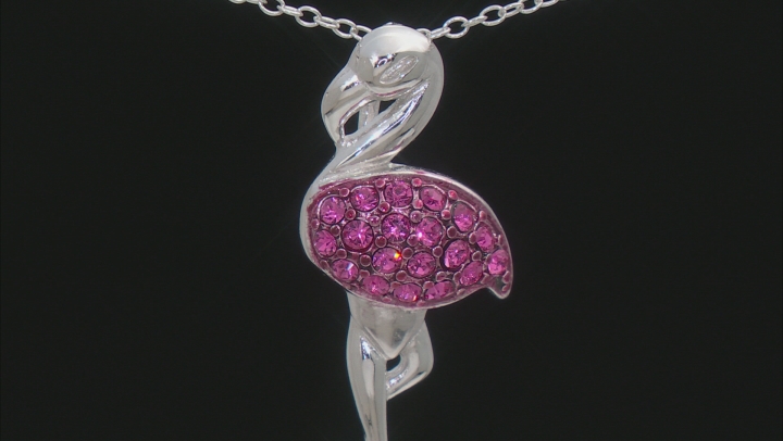 Pink Crystal Rhodium Over Sterling Silver Flamingo Pendant With Chain Video Thumbnail