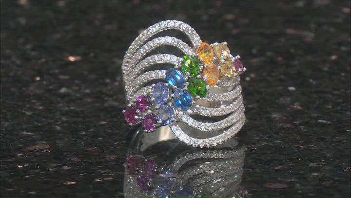 Multi Gemstone Rhodium Over Sterling Silver Ring 3.65ctw Video Thumbnail