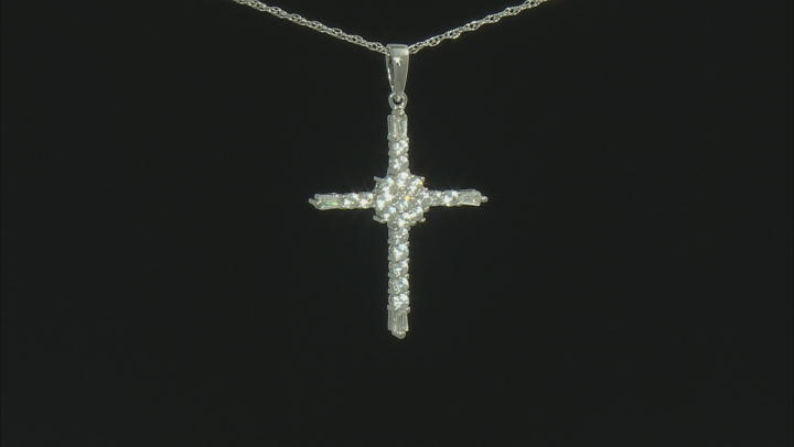 White Lab Created Sapphire Rhodium Over Sterling Silver Cross Pendant With Chain 0.67ctw Video Thumbnail