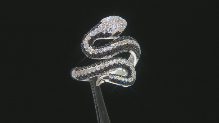 Black Spinel With White Zircon Rhodium Over Sterling Silver Snake Ring 1.87ctw Video Thumbnail