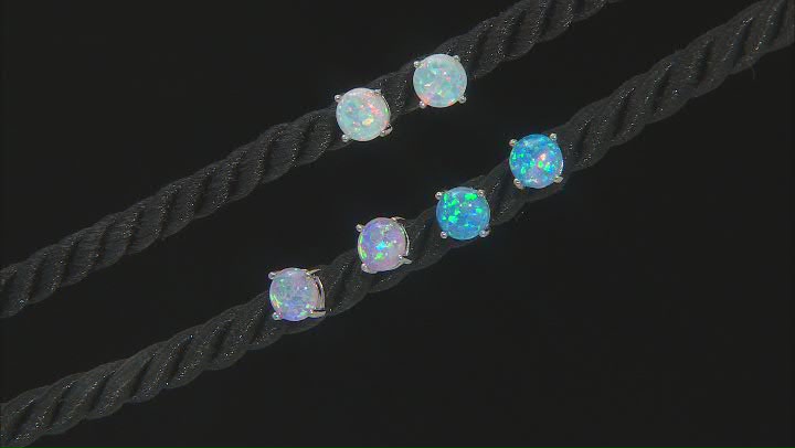 White, Pink, and Blue Lab Created Opal Rhodium Over Sterling Silver Set of 3 Stud Earrings 6mm Round Video Thumbnail