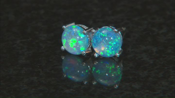 White, Pink, and Blue Lab Created Opal Rhodium Over Sterling Silver Set of 3 Stud Earrings 6mm Round Video Thumbnail