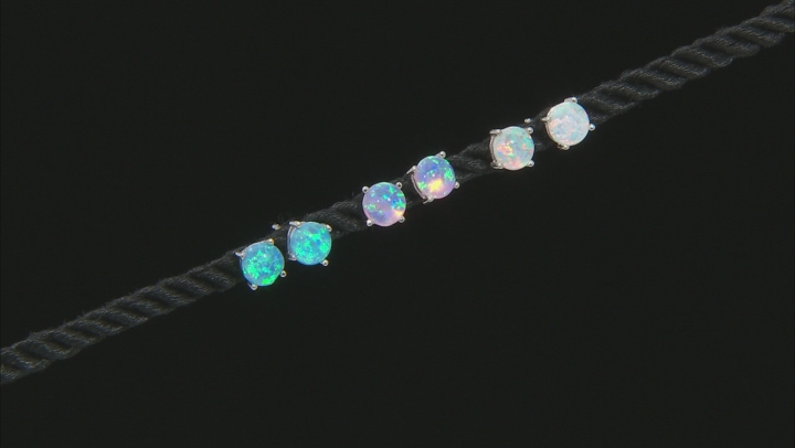 White, Pink, and Blue Lab Created Opal Rhodium Over Sterling Silver Set of 3 Stud Earrings 6mm Round Video Thumbnail