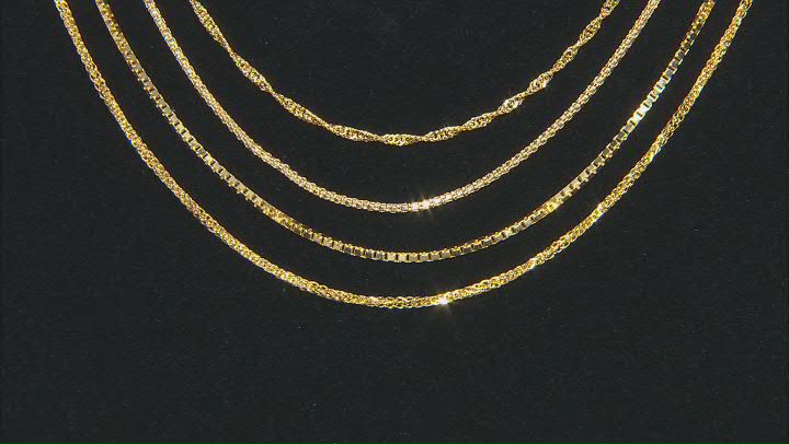 18K Yellow Gold Over Sterling Silver Set of 4 Adjustable Box, Singapore, Popcorn, & Wheat 24" Chains Video Thumbnail