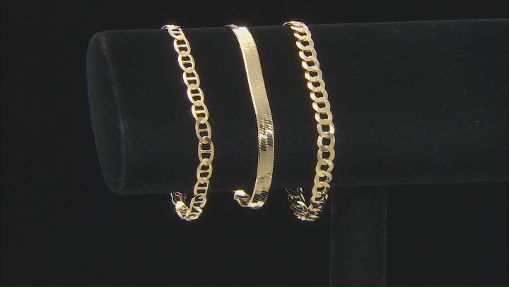 18K Yellow Gold Over Sterling Silver Set of 3 Flat Curb, Mariner, and Herringbone Link Bracelets Video Thumbnail