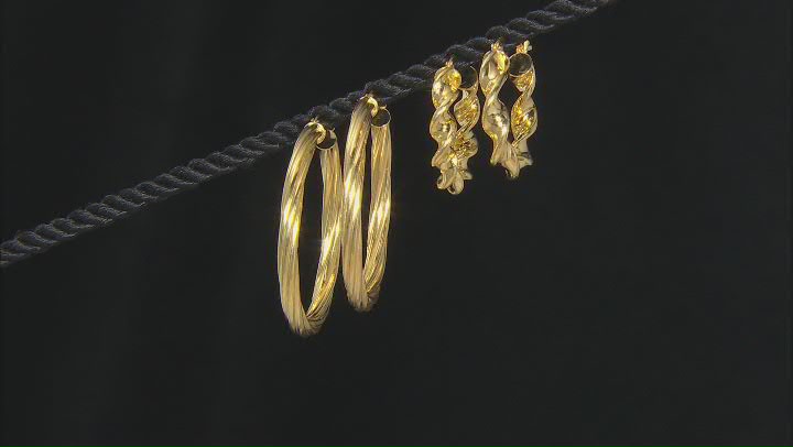 18K Yellow Gold Over Sterling Silver Set of 2 39MM and 23MM Twisted Hoop Earrings Video Thumbnail