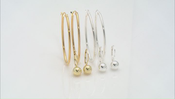 Sterling Silver and 18K Yellow Gold Over Sterling Silver Set of 4 Bead and Oval Hoop Earrings Video Thumbnail