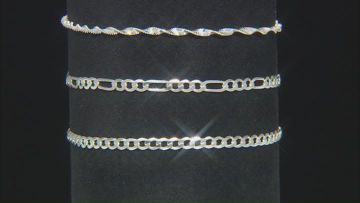 Sterling Silver 3MM Curb, 3MM Figaro, and 2MM Twisted Herringbone Bracelets Video Thumbnail