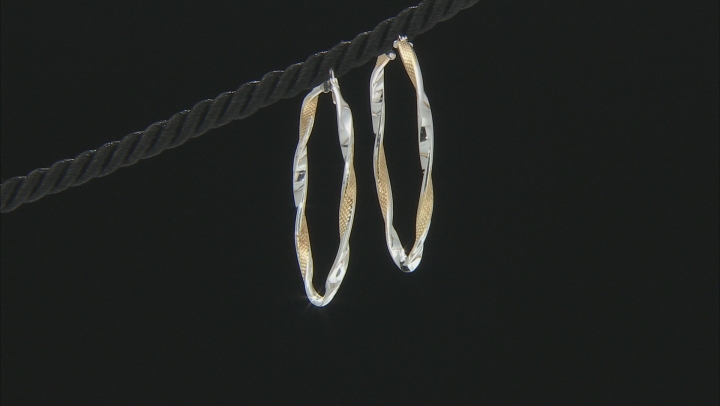 Sterling Silver and 18K Yellow Gold Over Sterling Silver Texture Polished Oval Tube Hoop Earrings Video Thumbnail