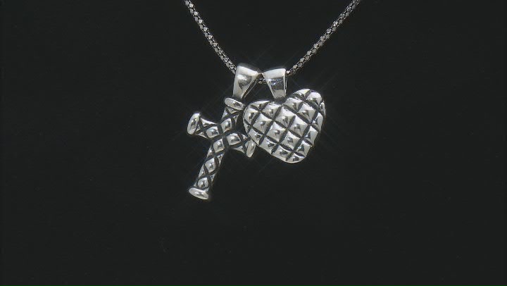 Rhodium Over Sterling Silver Oxidized Heart And Cross Pendant Set With 18 Inch Popcorn Chain Video Thumbnail
