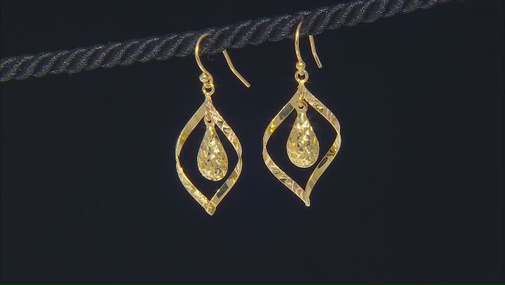 18k Yellow Gold Over Sterling Silver Diamond-Cut Teardrop Swirl Dangle Earrings Video Thumbnail