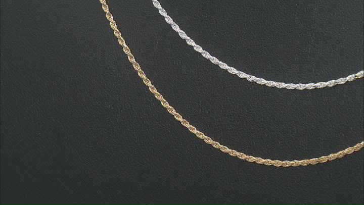 Sterling Silver & 18k Yellow Gold Over Sterling Silver 1.4mm Rope 20 Inch Chain Set of 2 Video Thumbnail