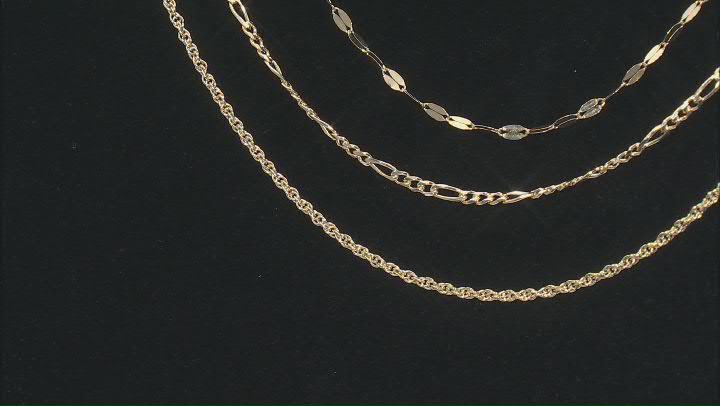 18k Yellow Gold Over Sterling Silver Twisted Rope, Figaro, & Mirror Link 20 Inch Chain Set of 3 Video Thumbnail