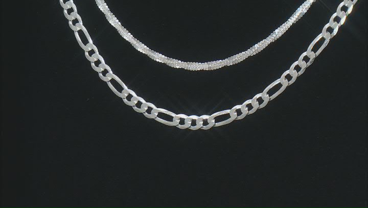 Sterling Silver Diamond-Cut Figaro & Criss Cross Link 18 Inch Chain Set of 2 Video Thumbnail