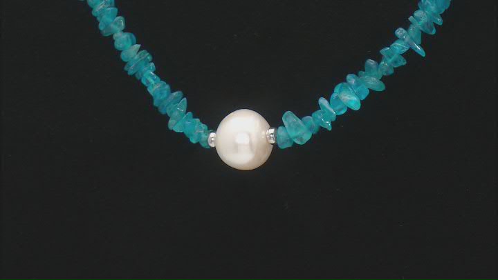 White Cultured Freshwater Pearl And Neon Apatite Rhodium Over Sterling Silver Necklace Video Thumbnail