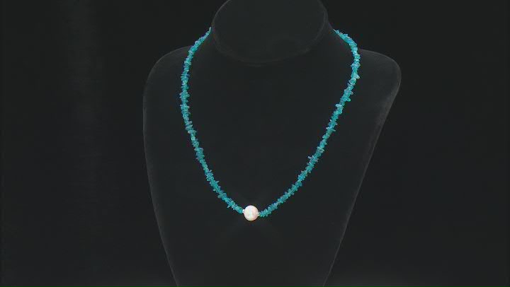 White Cultured Freshwater Pearl And Neon Apatite Rhodium Over Sterling Silver Necklace Video Thumbnail
