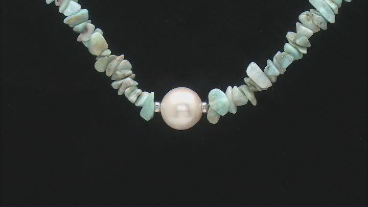 White Cultured Freshwater Pearl And Larimar Rhodium Over Sterling Silver Necklace Video Thumbnail