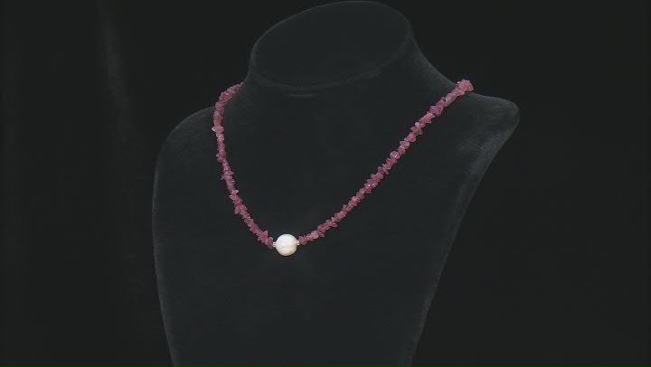 White Cultured Freshwater Pearl with Pink Tourmaline Rhodium Over Sterling Silver Necklace Video Thumbnail