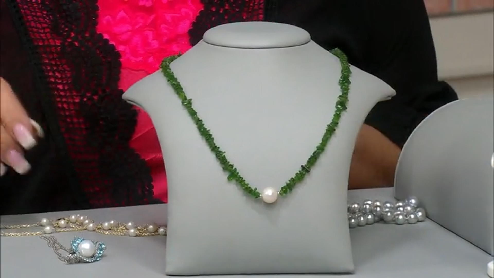 White Cultured Freshwater Pearl And Chrome Diopside Rhodium Over Sterling Silver Necklace Video Thumbnail