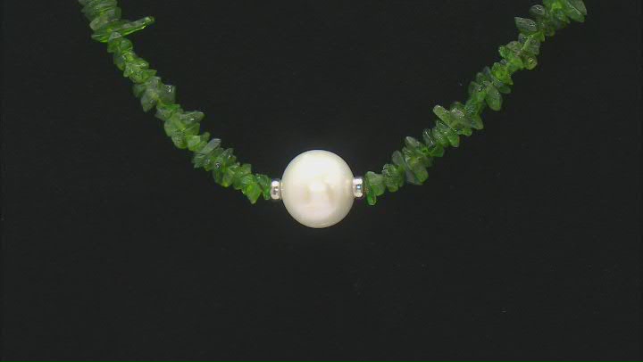 White Cultured Freshwater Pearl And Chrome Diopside Rhodium Over Sterling Silver Necklace Video Thumbnail