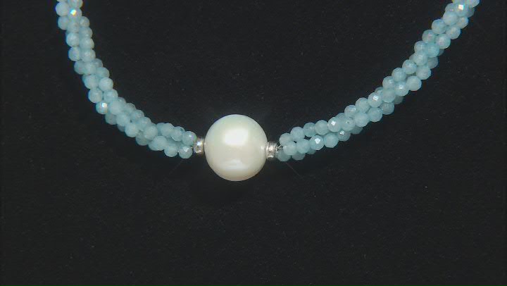 White Cultured Freshwater Pearl with Aquamarine Rhodium Over Sterling Silver Necklace Video Thumbnail