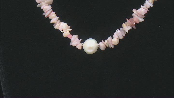 White Cultured Freshwater Pearl with Pink Opal Rhodium Over Sterling Silver Necklace Video Thumbnail