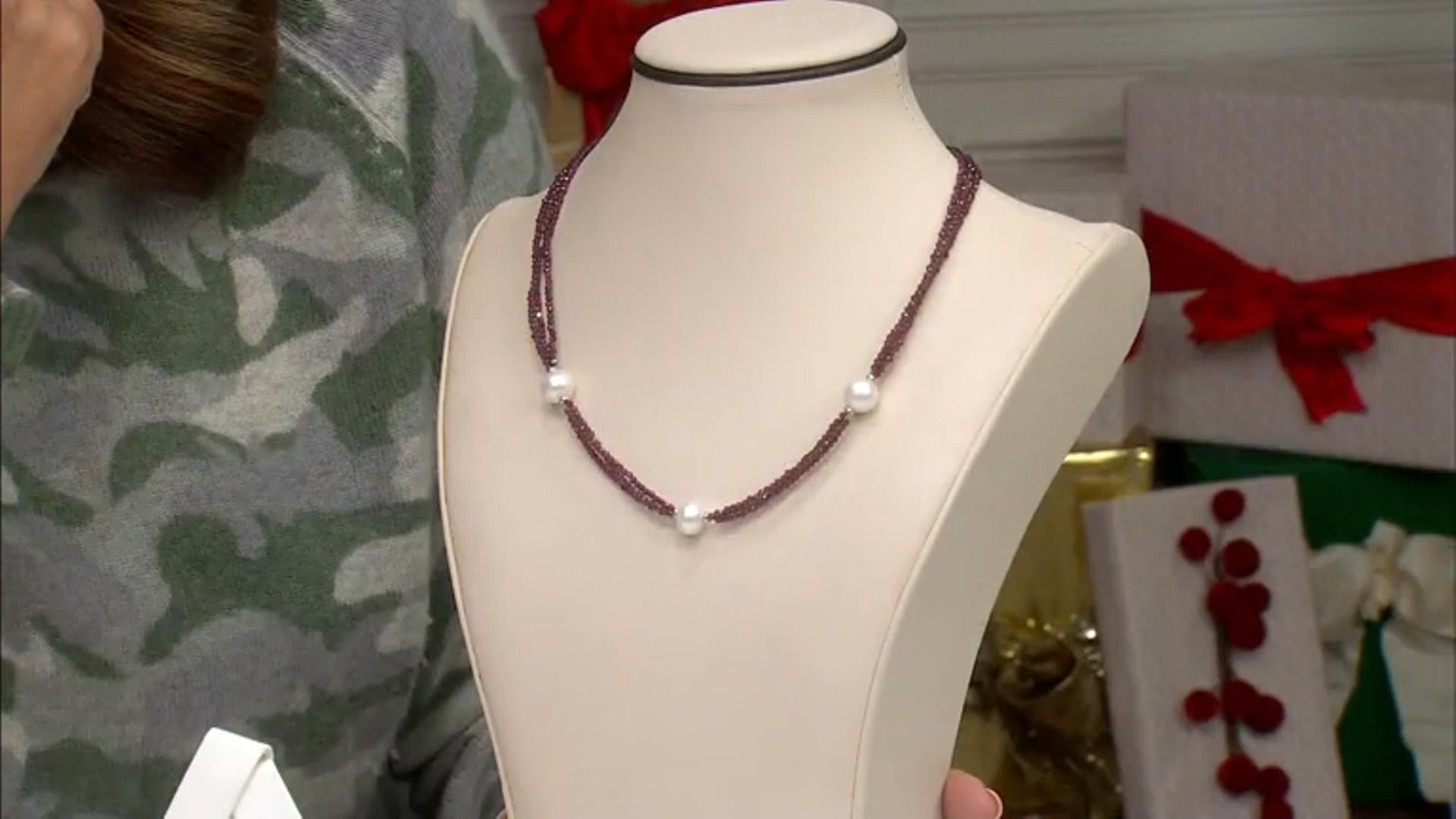 White Cultured Freshwater Pearl and 35ctw Garnet Rhodium Over Sterling Silver Necklace Video Thumbnail