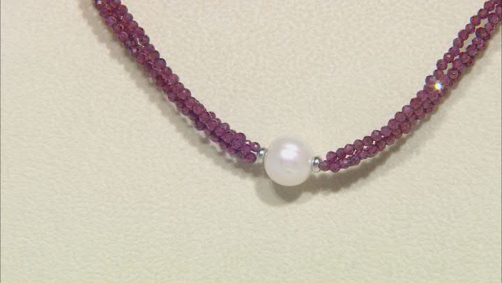 White Cultured Freshwater Pearl and 35ctw Garnet Rhodium Over Sterling Silver Necklace Video Thumbnail