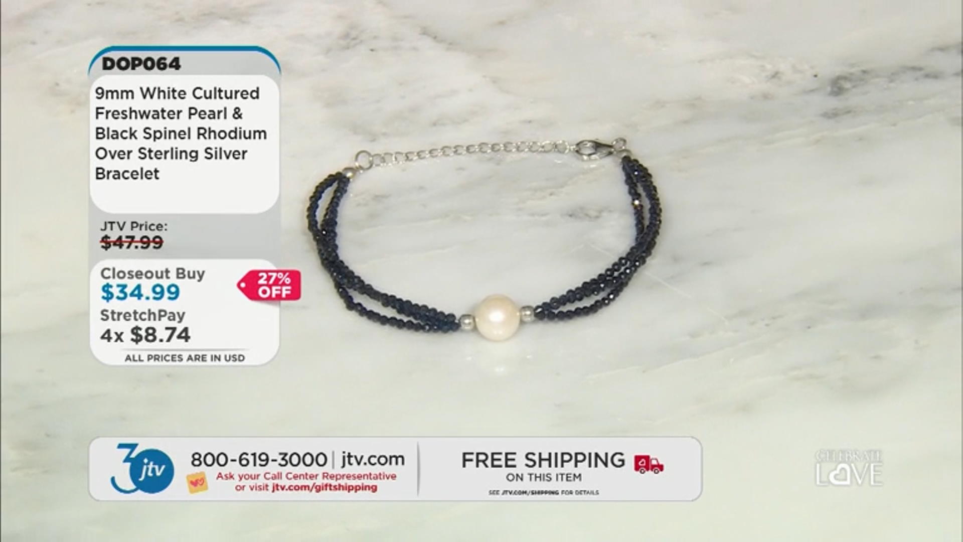 White Cultured Freshwater Pearl and Black Spinel Rhodium Over Sterling Silver Bracelet Video Thumbnail