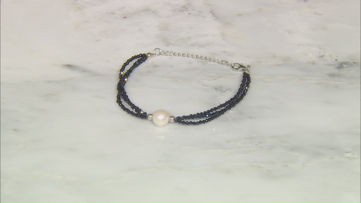 White Cultured Freshwater Pearl and Black Spinel Rhodium Over Sterling Silver Bracelet Video Thumbnail