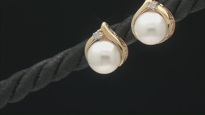 White Cultured Freshwater Pearl with 0.03ctw Diamond Accent 10k Yellow Gold Earrings Video Thumbnail