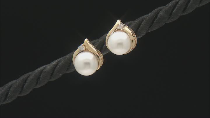 White Cultured Freshwater Pearl with 0.03ctw Diamond Accent 10k Yellow Gold Earrings Video Thumbnail