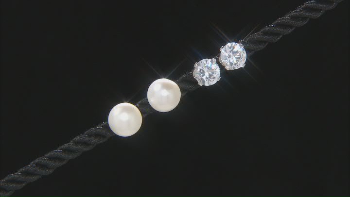 White Cultured Freshwater Pearl & White Lab  Sapphire Rhodium Over Silver Stud Earring Box Set of 2 Video Thumbnail