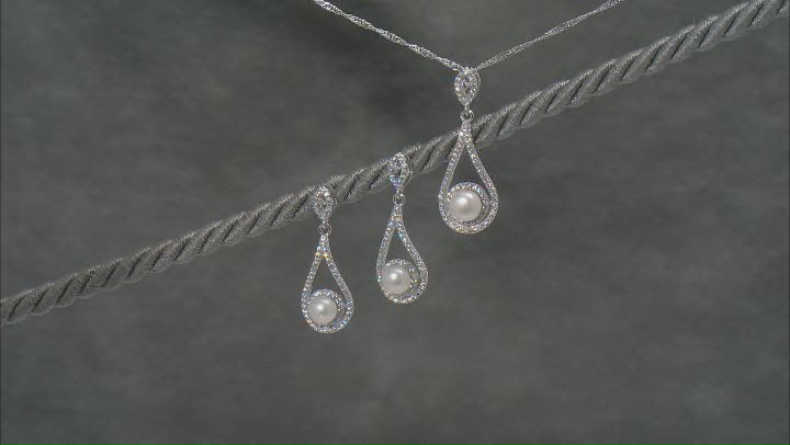 White Cultured Freshwater Pearl & Cubic Zirconia Rhodium Over Sterling Silver Pendant & Earring Set Video Thumbnail